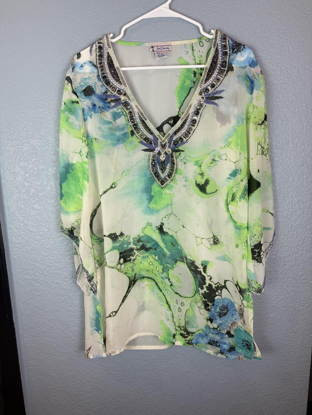 Just Cruising Tunic Womens Free Size Beaded Rayon Boho Sheer Top India